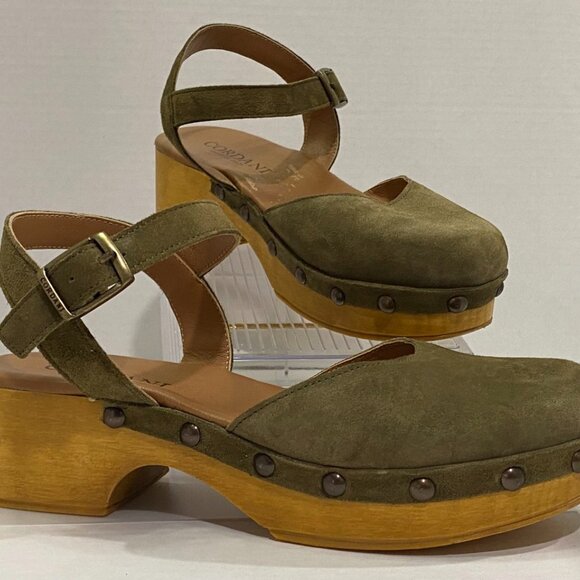 Cordani Olive Suede Platform Clog Sandals Wood Heel Studded Strap Shoes 39 VGUC - Picture 1 of 8